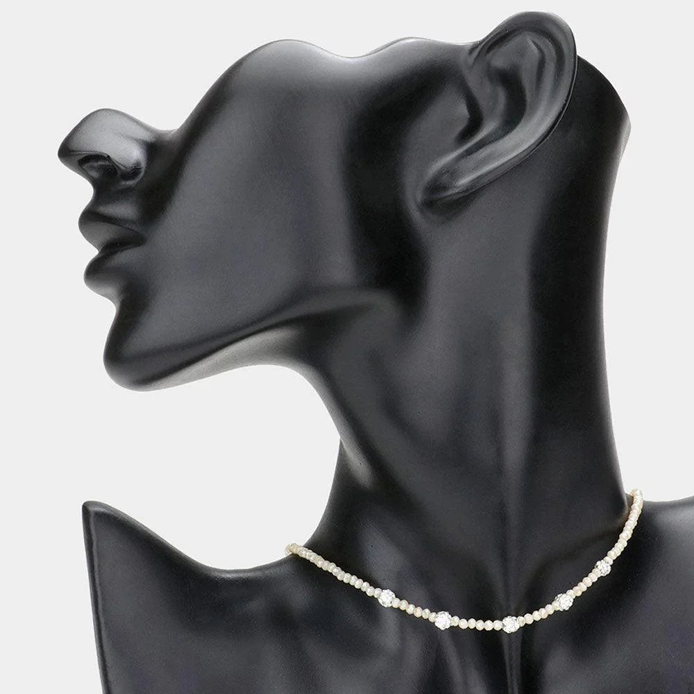 Beige Quintuple Shamballa Ball Accented Faceted Beaded Choker Necklace - Jewelry Store by Erik Rayo