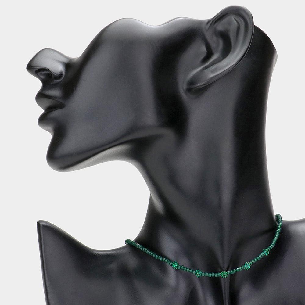 Green Quintuple Shamballa Ball Accented Faceted Beaded Choker Necklace