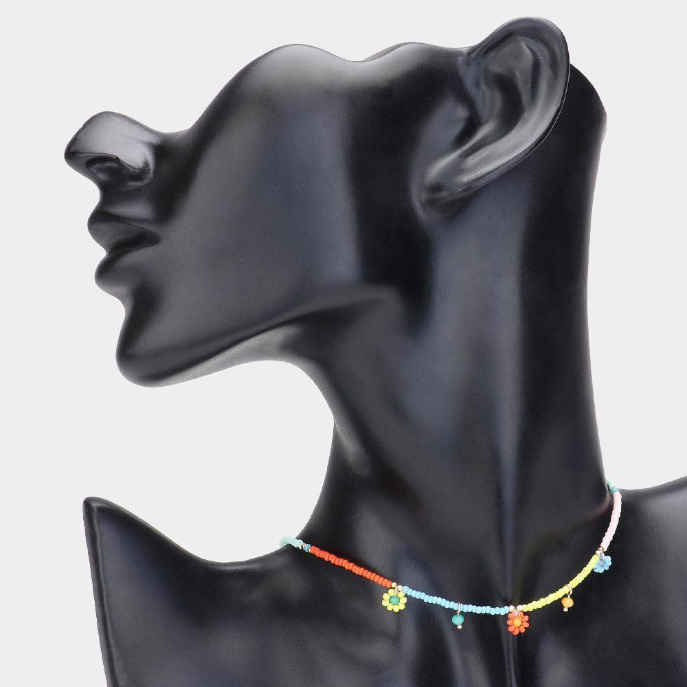 Gold Beaded Flower Station Choker Necklace - Jewelry Store by Erik Rayo