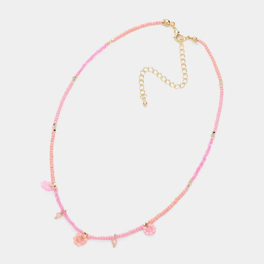 Pink Beaded Flower Station Choker Necklace - Jewelry Store by Erik Rayo