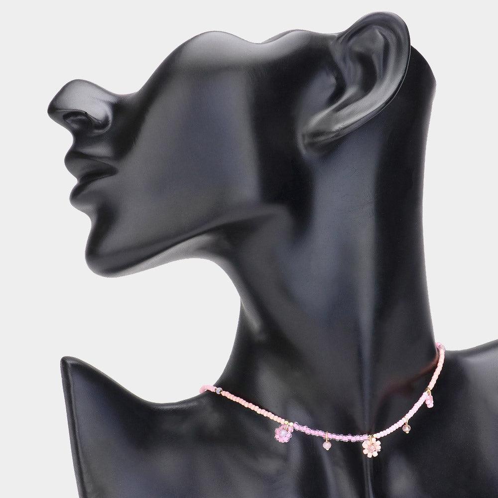 Pink Beaded Flower Station Choker Necklace - Jewelry Store by Erik Rayo