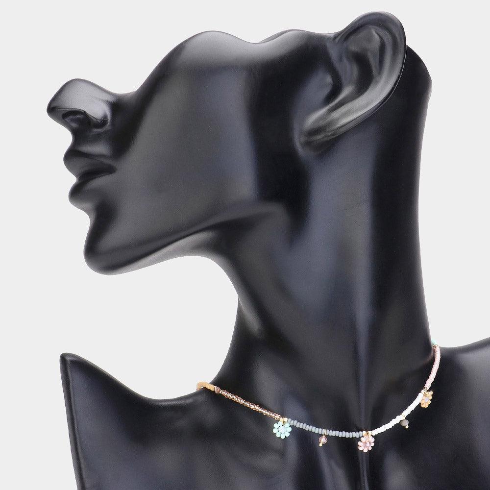 Gold Beaded Flower Station Choker Necklace - Jewelry Store by Erik Rayo