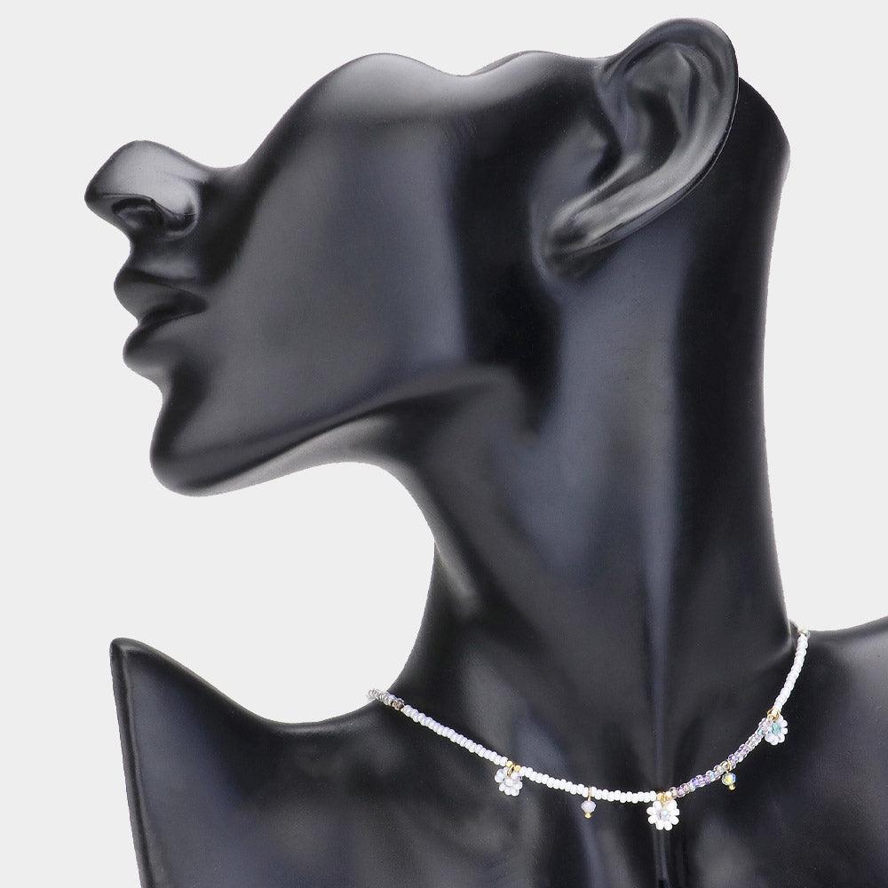 White Beaded Flower Station Choker Necklace - Jewelry Store by Erik Rayo