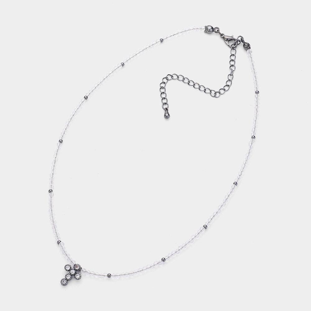 Clear CZ Stone Embellished Cross Pendant Faceted Beaded Choker Necklace - Jewelry Store by Erik Rayo