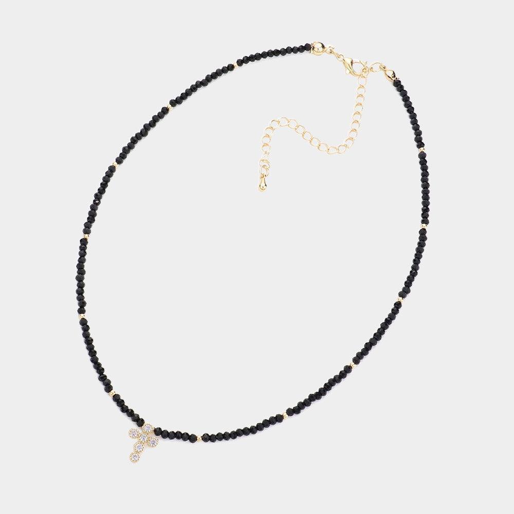 Black CZ Stone Embellished Cross Pendant Faceted Beaded Choker Necklace - Jewelry Store by Erik Rayo