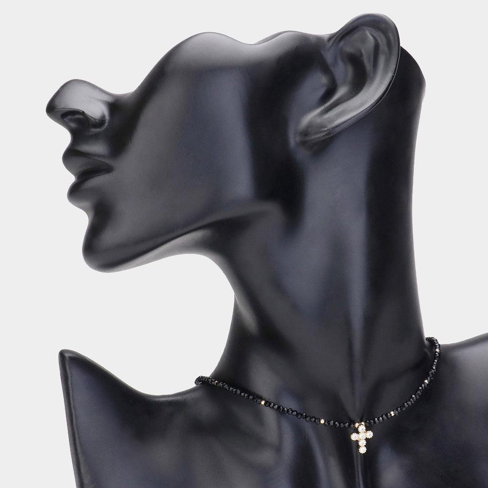 Black CZ Stone Embellished Cross Pendant Faceted Beaded Choker Necklace - Jewelry Store by Erik Rayo