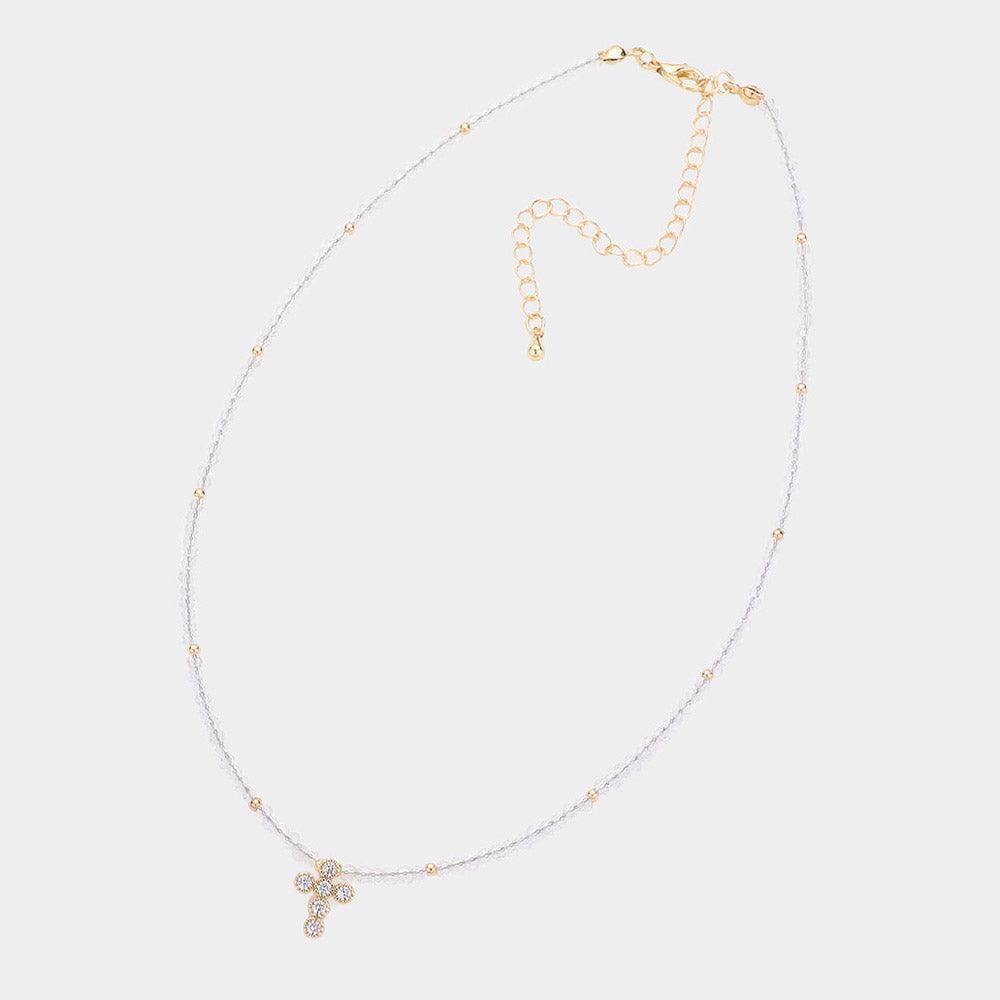 Gold CZ Stone Embellished Cross Pendant Faceted Beaded Choker Necklace - Jewelry Store by Erik Rayo