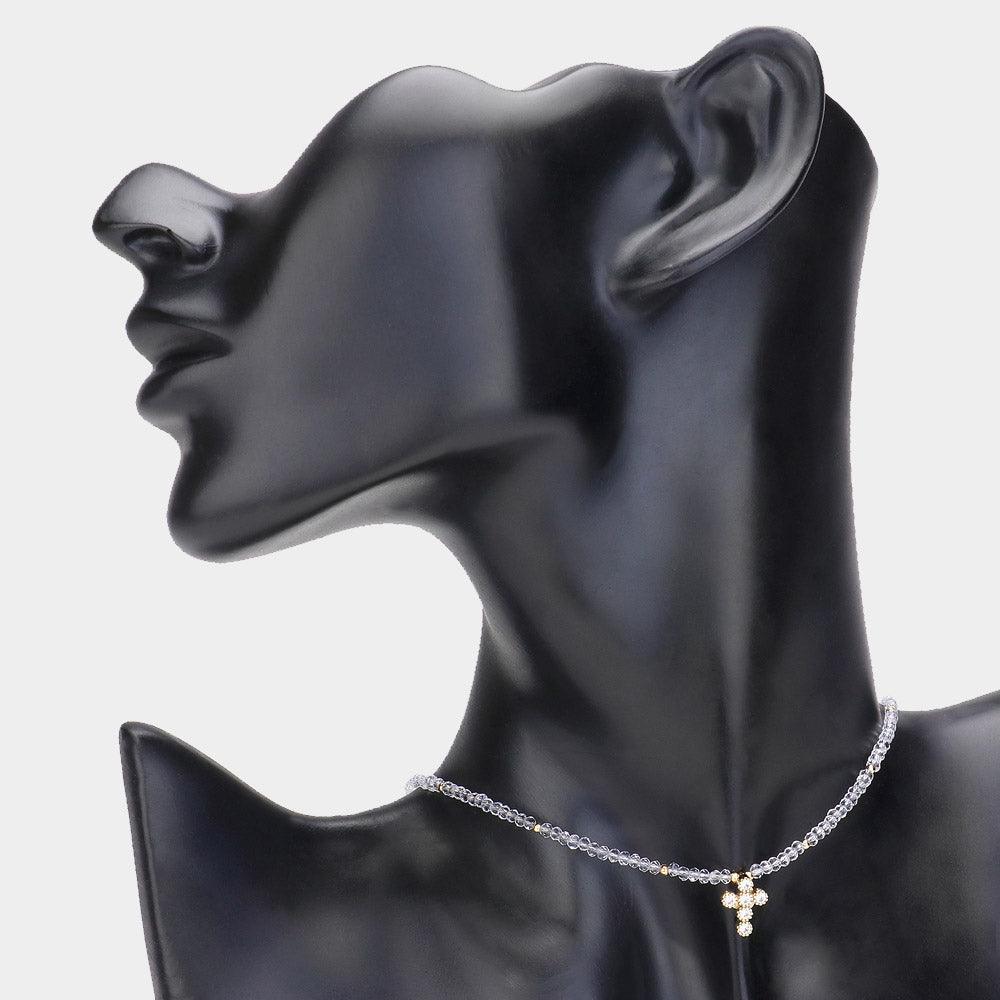Gold CZ Stone Embellished Cross Pendant Faceted Beaded Choker Necklace - Jewelry Store by Erik Rayo