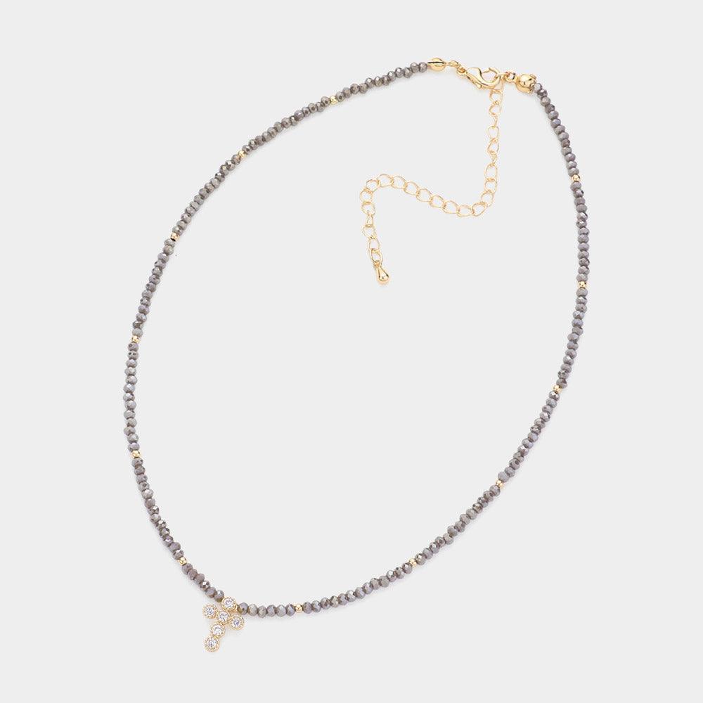 Silver CZ Stone Embellished Cross Pendant Faceted Beaded Choker Necklace - Jewelry Store by Erik Rayo