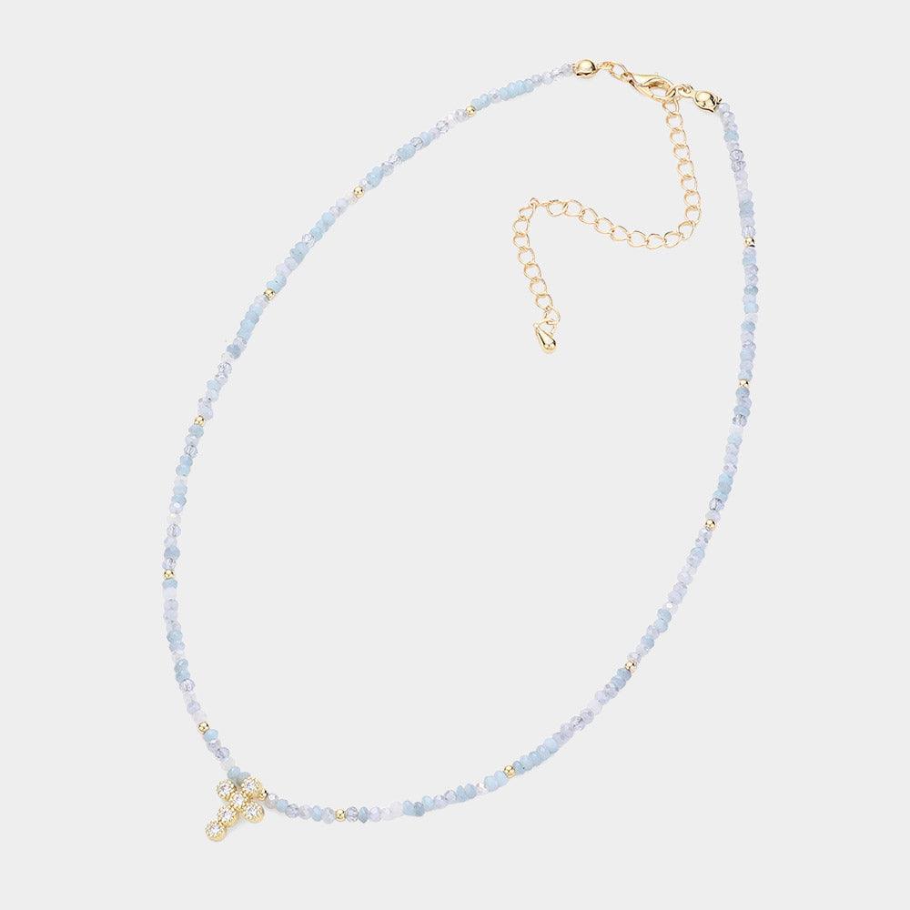 Blue CZ Stone Embellished Cross Pendant Faceted Beaded Choker Necklace - Jewelry Store by Erik Rayo