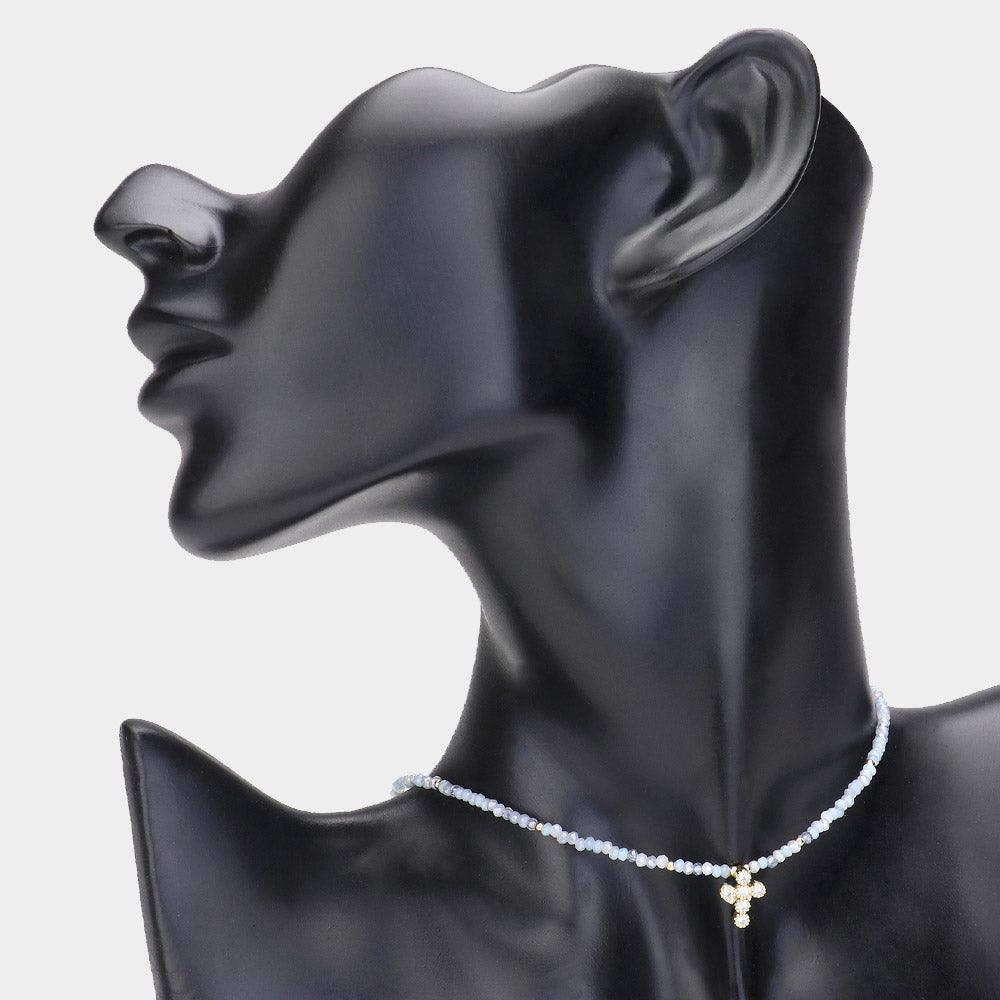 Blue CZ Stone Embellished Cross Pendant Faceted Beaded Choker Necklace - Jewelry Store by Erik Rayo