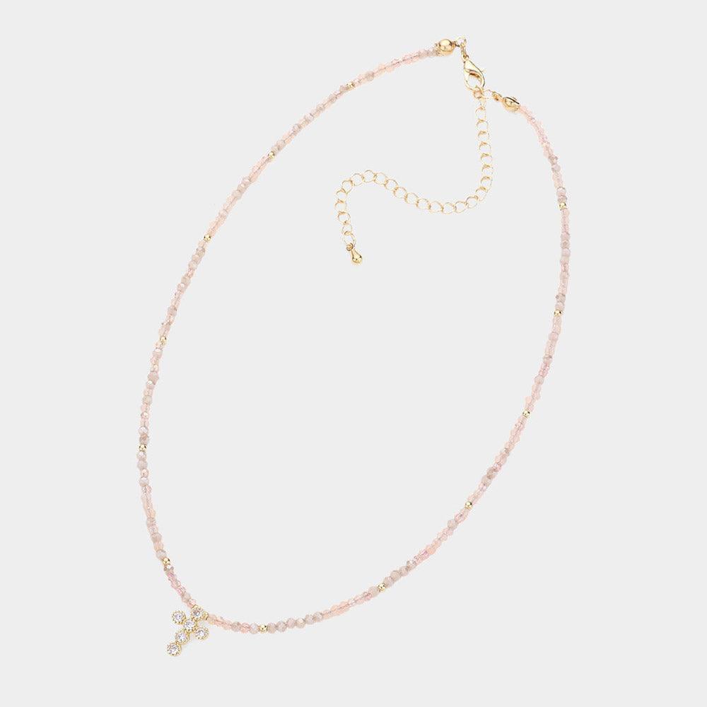 Pink CZ Stone Embellished Cross Pendant Faceted Beaded Choker Necklace - Jewelry Store by Erik Rayo