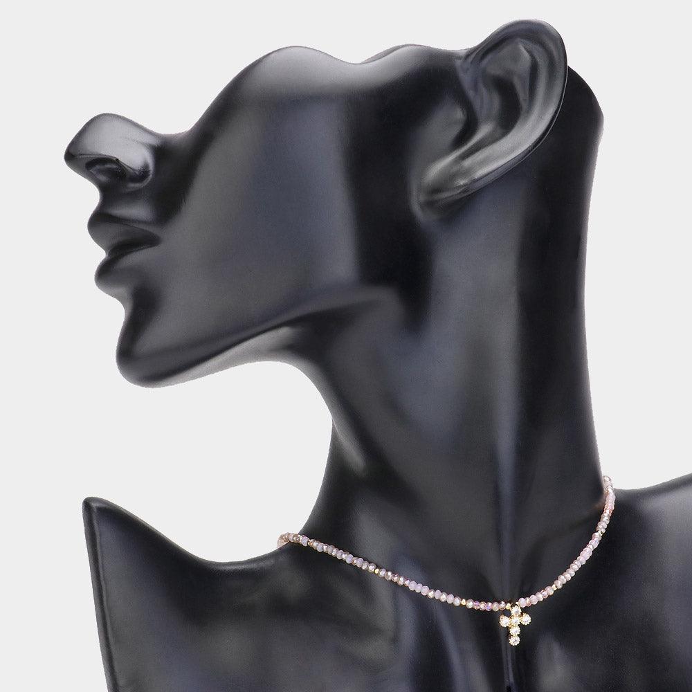 Pink CZ Stone Embellished Cross Pendant Faceted Beaded Choker Necklace - Jewelry Store by Erik Rayo