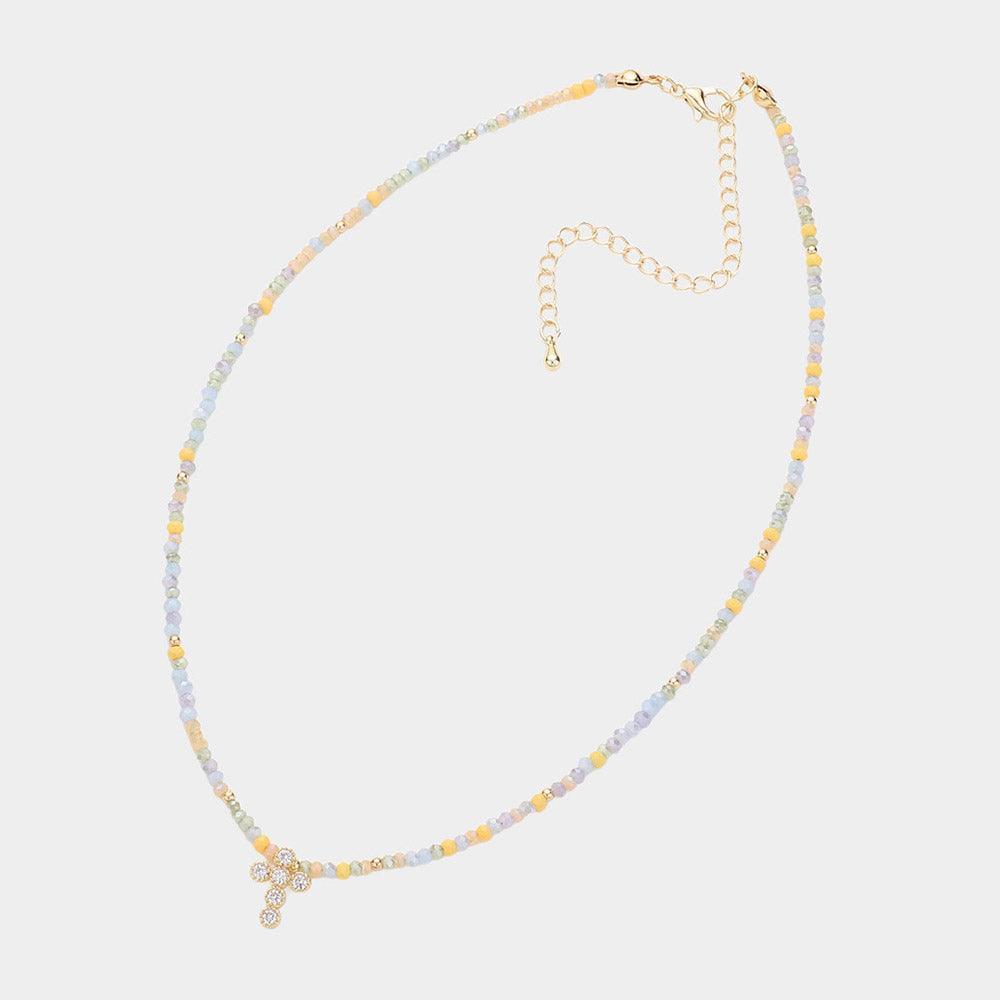 Gold CZ Stone Embellished Cross Pendant Faceted Beaded Choker Necklace - Jewelry Store by Erik Rayo