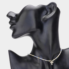 Load image into Gallery viewer, Gold CZ Stone Embellished Cross Pendant Faceted Beaded Choker Necklace
