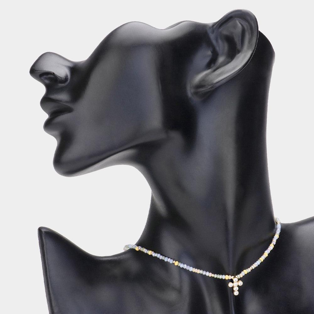 Gold CZ Stone Embellished Cross Pendant Faceted Beaded Choker Necklace