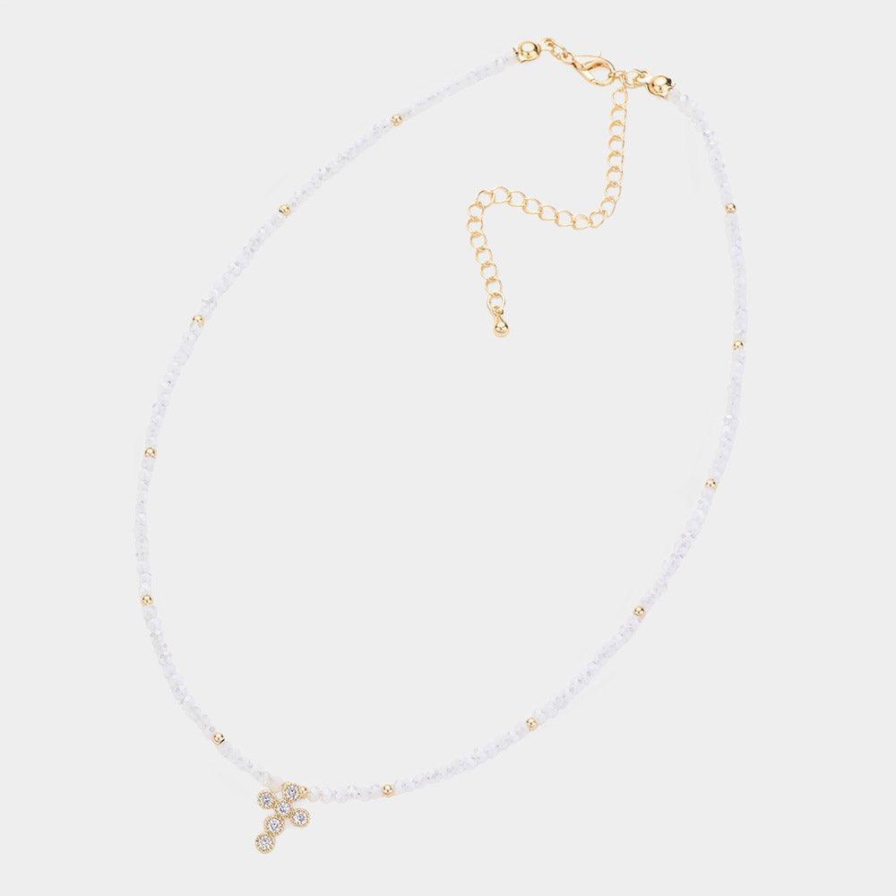 White CZ Stone Embellished Cross Pendant Faceted Beaded Choker Necklace - Jewelry Store by Erik Rayo