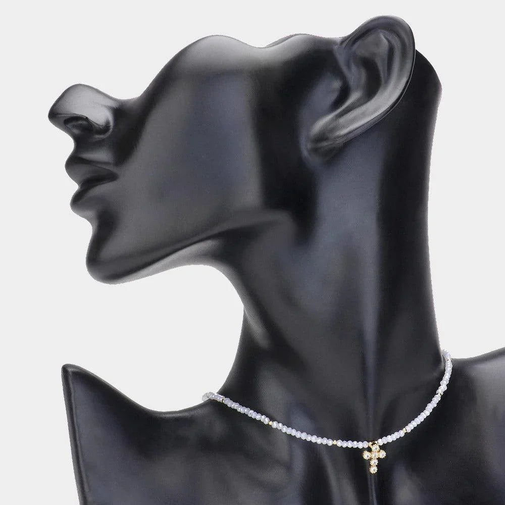 White CZ Stone Embellished Cross Pendant Faceted Beaded Choker Necklace - Jewelry Store by Erik Rayo