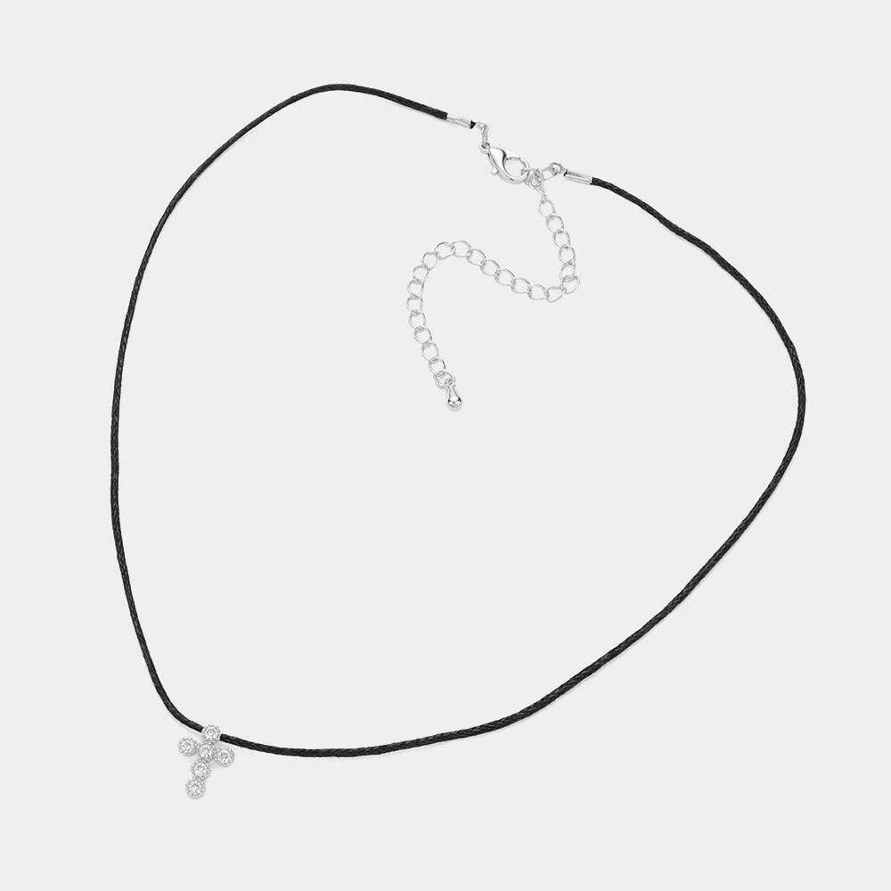 Black CZ Stone Embellished Cross Pendant Raffia Thread Choker Necklace - Jewelry Store by Erik Rayo