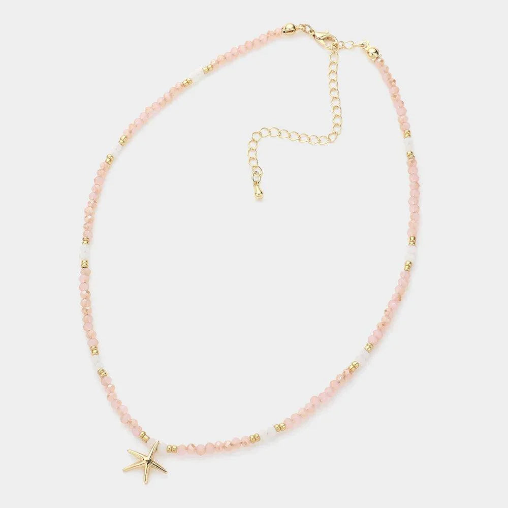 Pink Faceted Beaded Starfish Pendant Choker Necklace - Jewelry Store by Erik Rayo