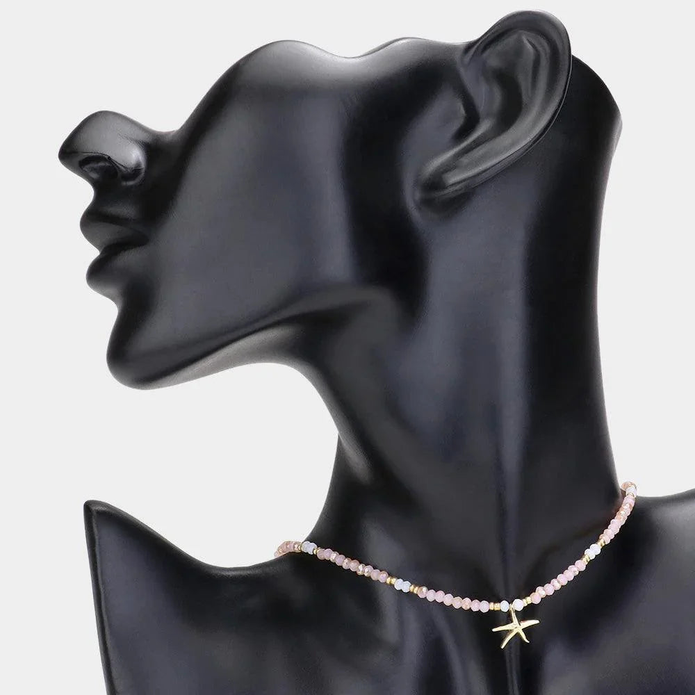 Pink Faceted Beaded Starfish Pendant Choker Necklace - Jewelry Store by Erik Rayo