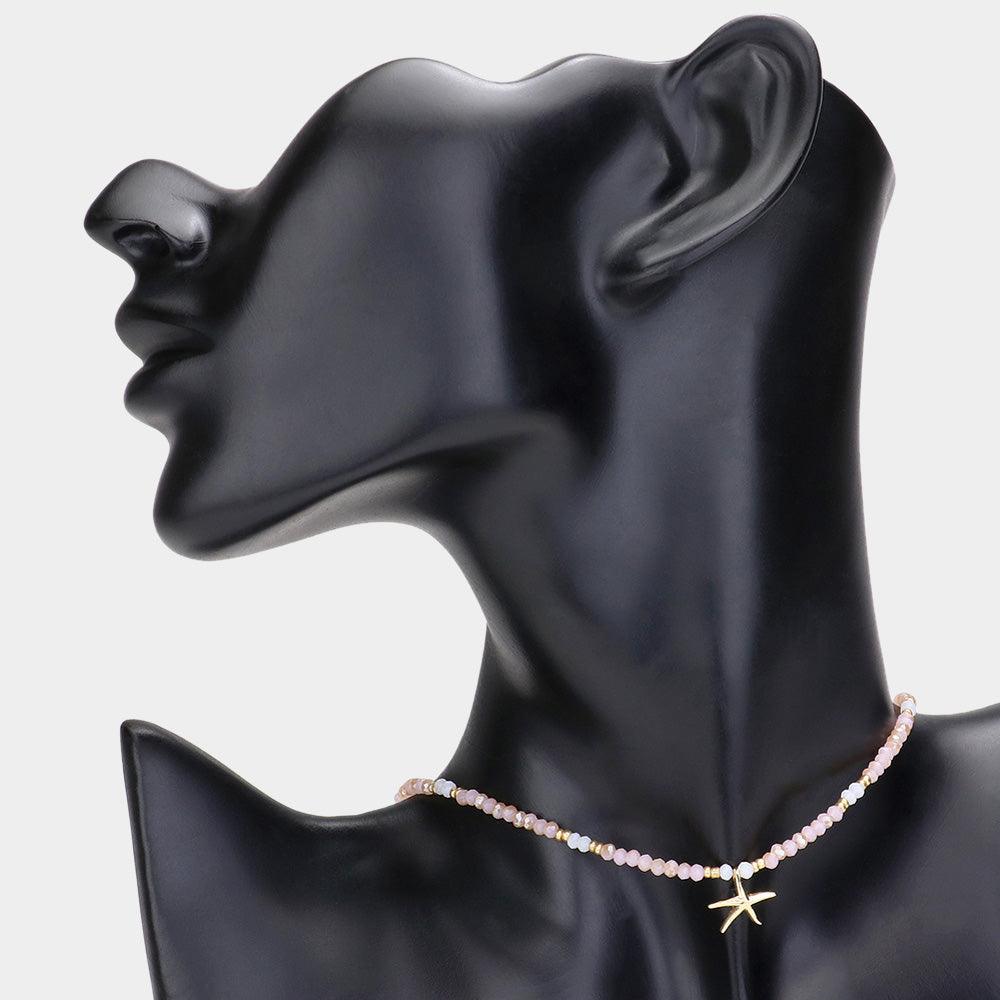 Pink Faceted Beaded Starfish Pendant Choker Necklace