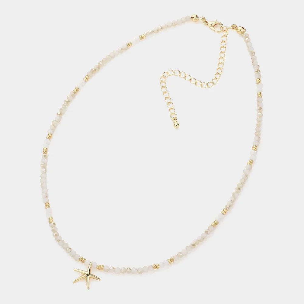 White Faceted Beaded Starfish Pendant Choker Necklace - Jewelry Store by Erik Rayo