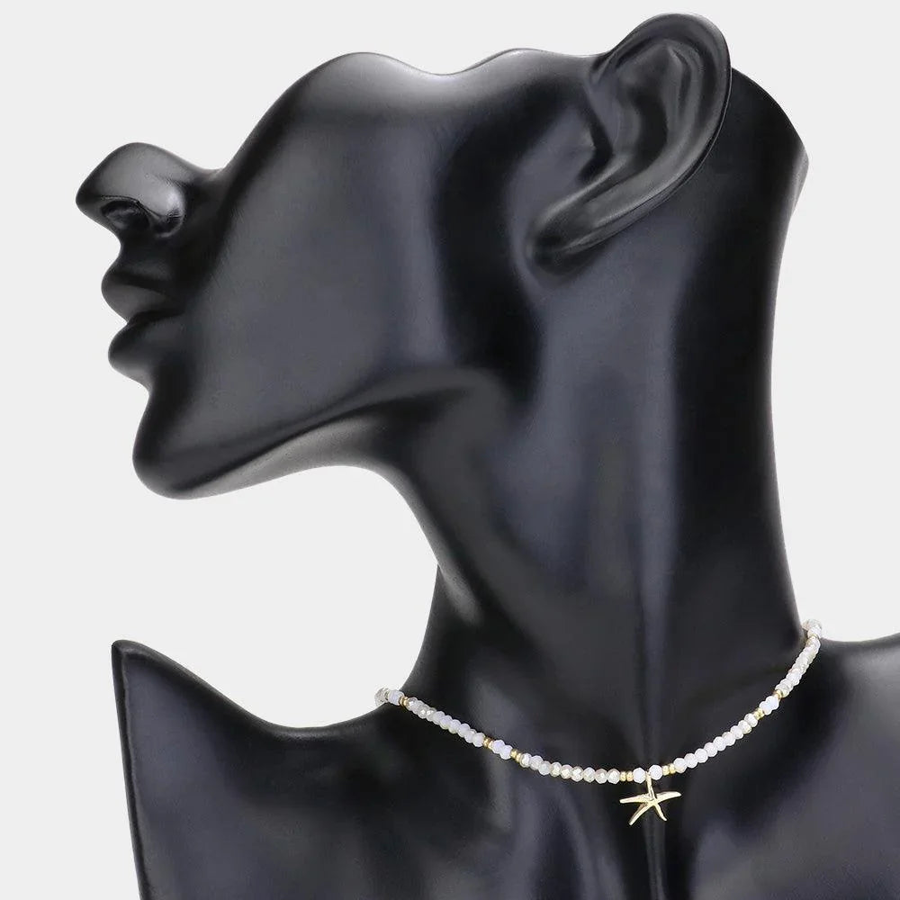 White Faceted Beaded Starfish Pendant Choker Necklace - Jewelry Store by Erik Rayo