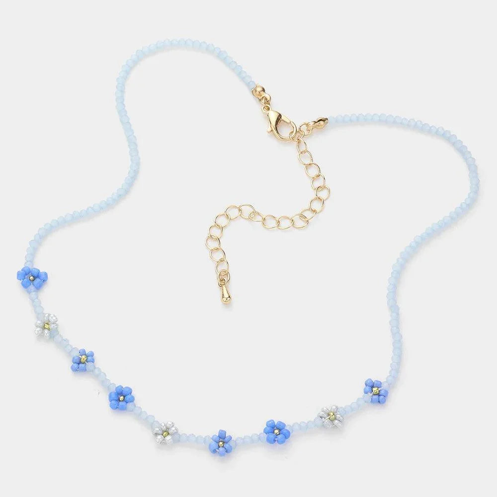 Blue Faceted Flower Beaded Choker Necklace - Jewelry Store by Erik Rayo
