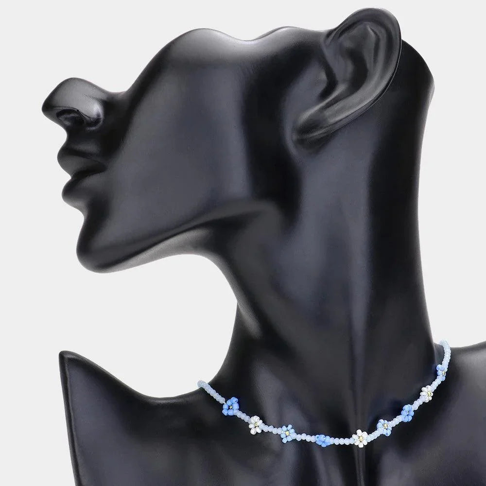 Blue Faceted Flower Beaded Choker Necklace - Jewelry Store by Erik Rayo
