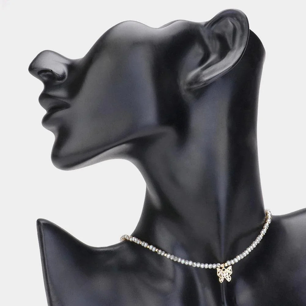 Silver Faceted Beaded Butterfly Pendant Choker Necklace - Jewelry Store by Erik Rayo