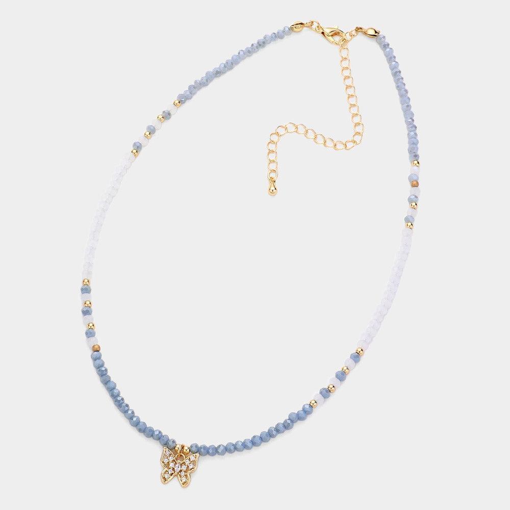Blue Faceted Beaded Butterfly Pendant Choker Necklace - Jewelry Store by Erik Rayo