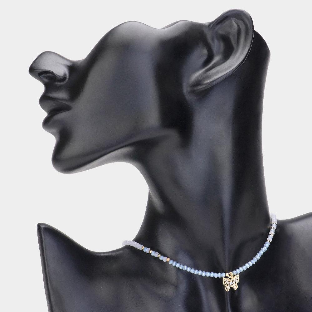 Blue Faceted Beaded Butterfly Pendant Choker Necklace - Jewelry Store by Erik Rayo