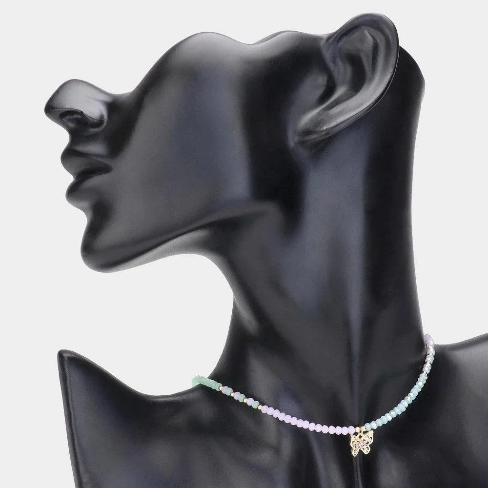 Gold Faceted Beaded Butterfly Pendant Choker Necklace - Jewelry Store by Erik Rayo