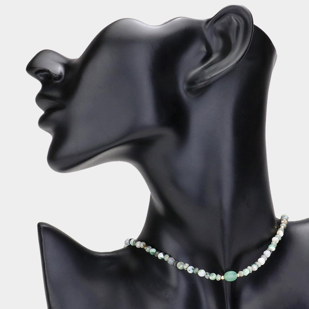 Green Natural Stone Faceted Beaded Choker Necklace