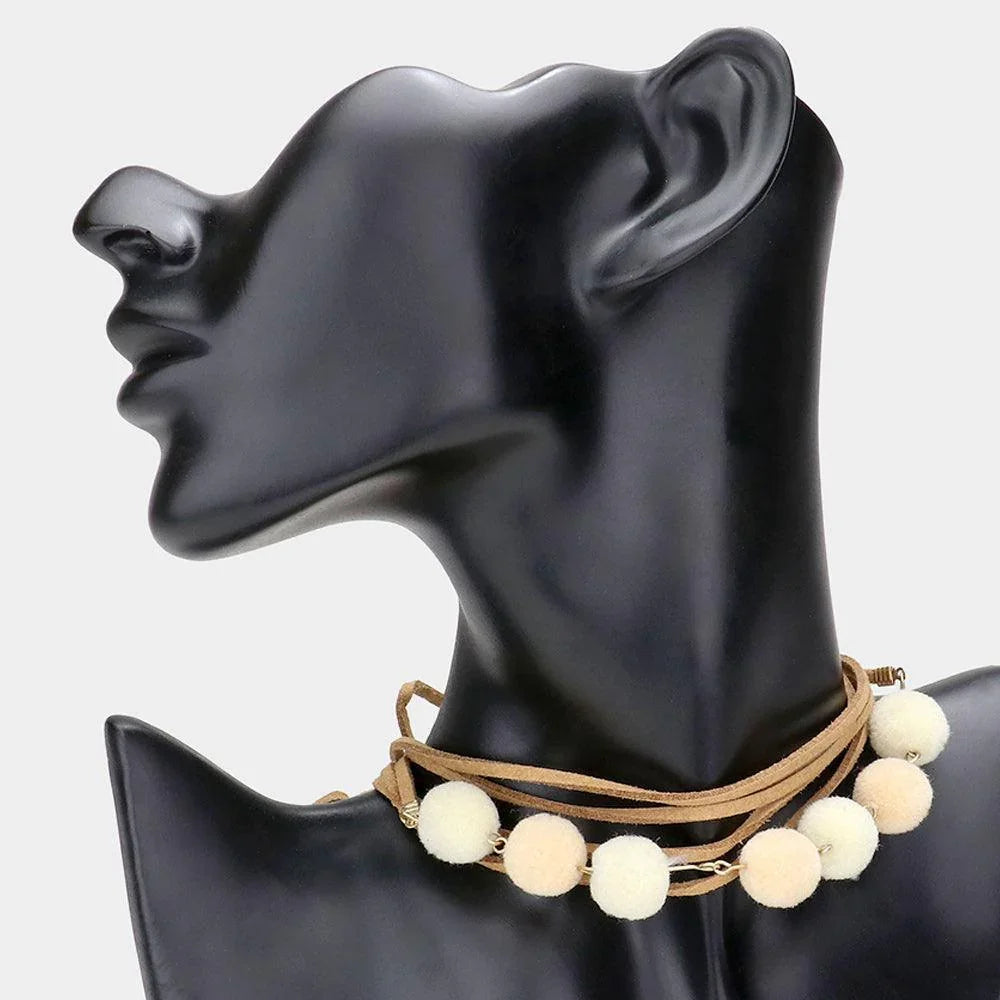 Pom Pom Long Faux Suede Wrap choker necklace - Jewelry Store by Erik Rayo