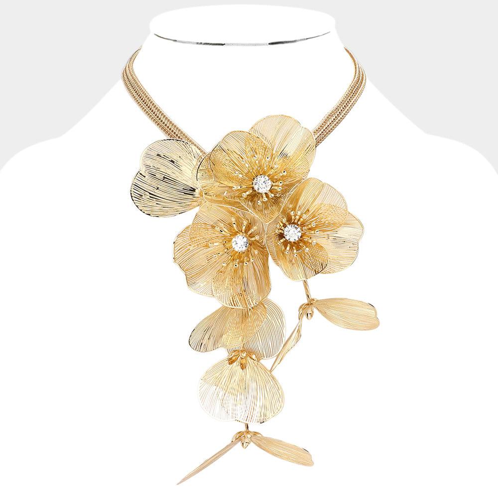 Gold Stone Centered Flower Petal Link Choker Necklace