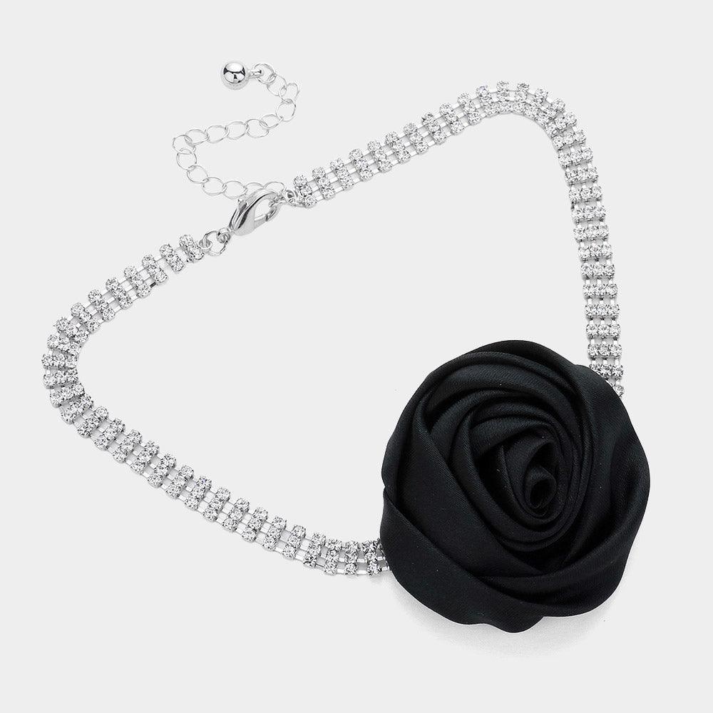 Black Fabric Flower 3-Row Rhinestone Choker Necklace - Jewelry Store by Erik Rayo