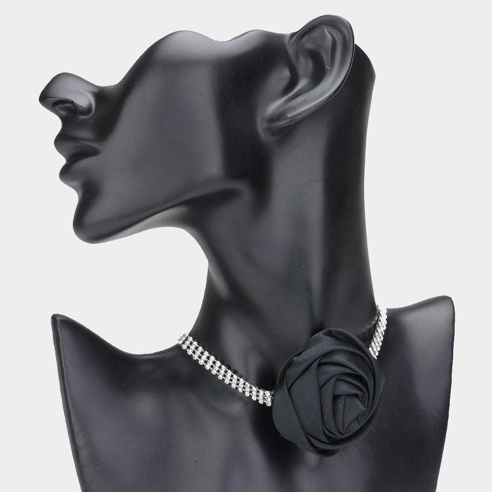 Black Fabric Flower 3-Row Rhinestone Choker Necklace - Jewelry Store by Erik Rayo