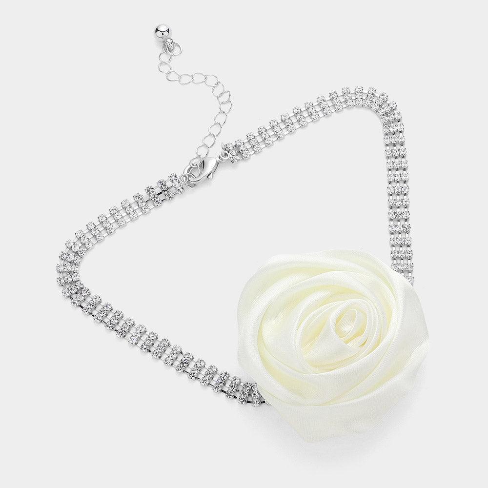 Ivory Fabric Flower 3-Row Rhinestone Choker Necklace - Jewelry Store by Erik Rayo