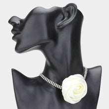 Load image into Gallery viewer, Ivory Fabric Flower 3-Row Rhinestone Choker Necklace
