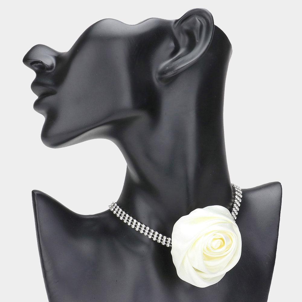 Ivory Fabric Flower 3-Row Rhinestone Choker Necklace