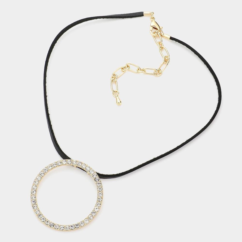 Gold Rhinestone Paved Open Circle Pendant Faux Leather Choker Necklace - Jewelry Store by Erik Rayo