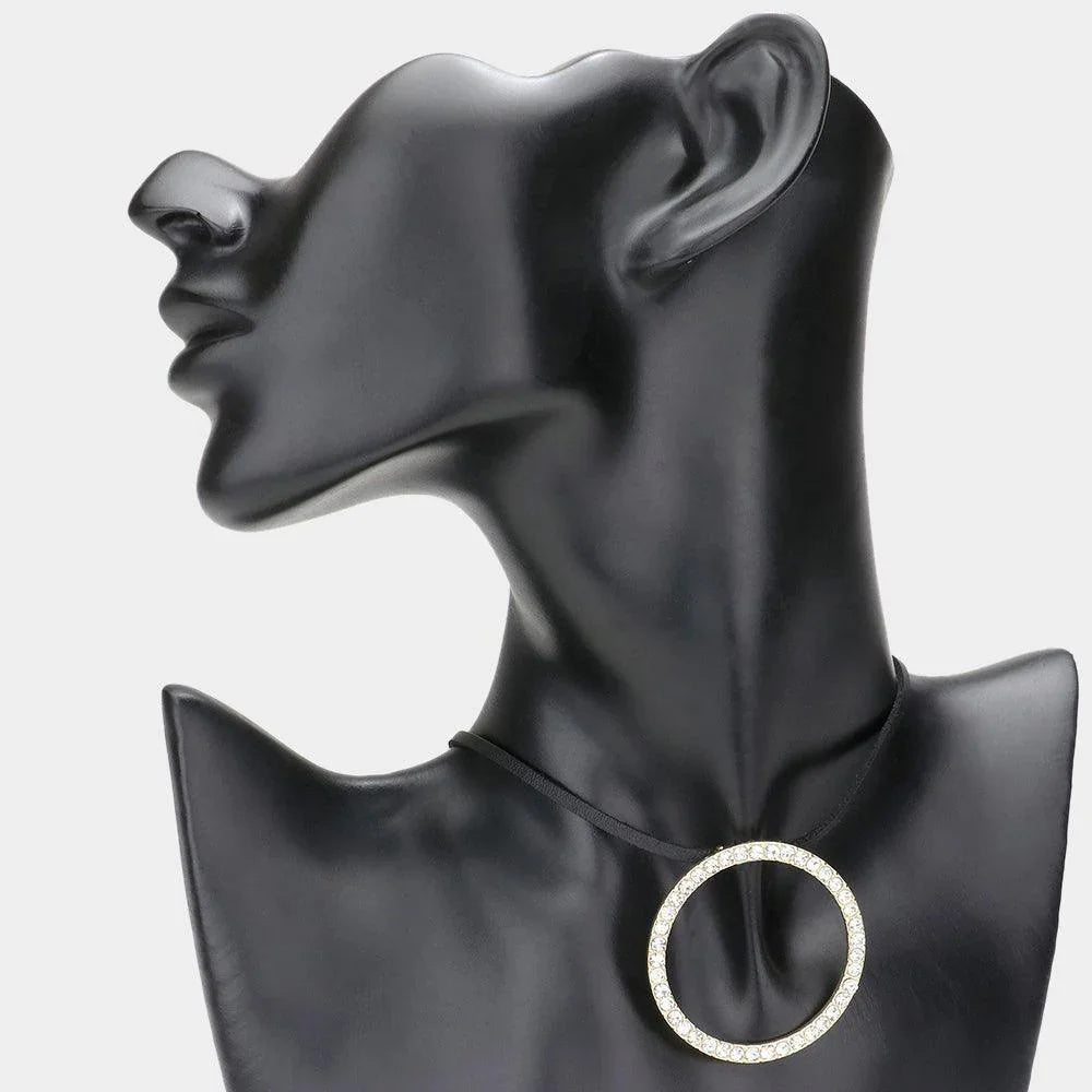 Gold Rhinestone Paved Open Circle Pendant Faux Leather Choker Necklace - Jewelry Store by Erik Rayo
