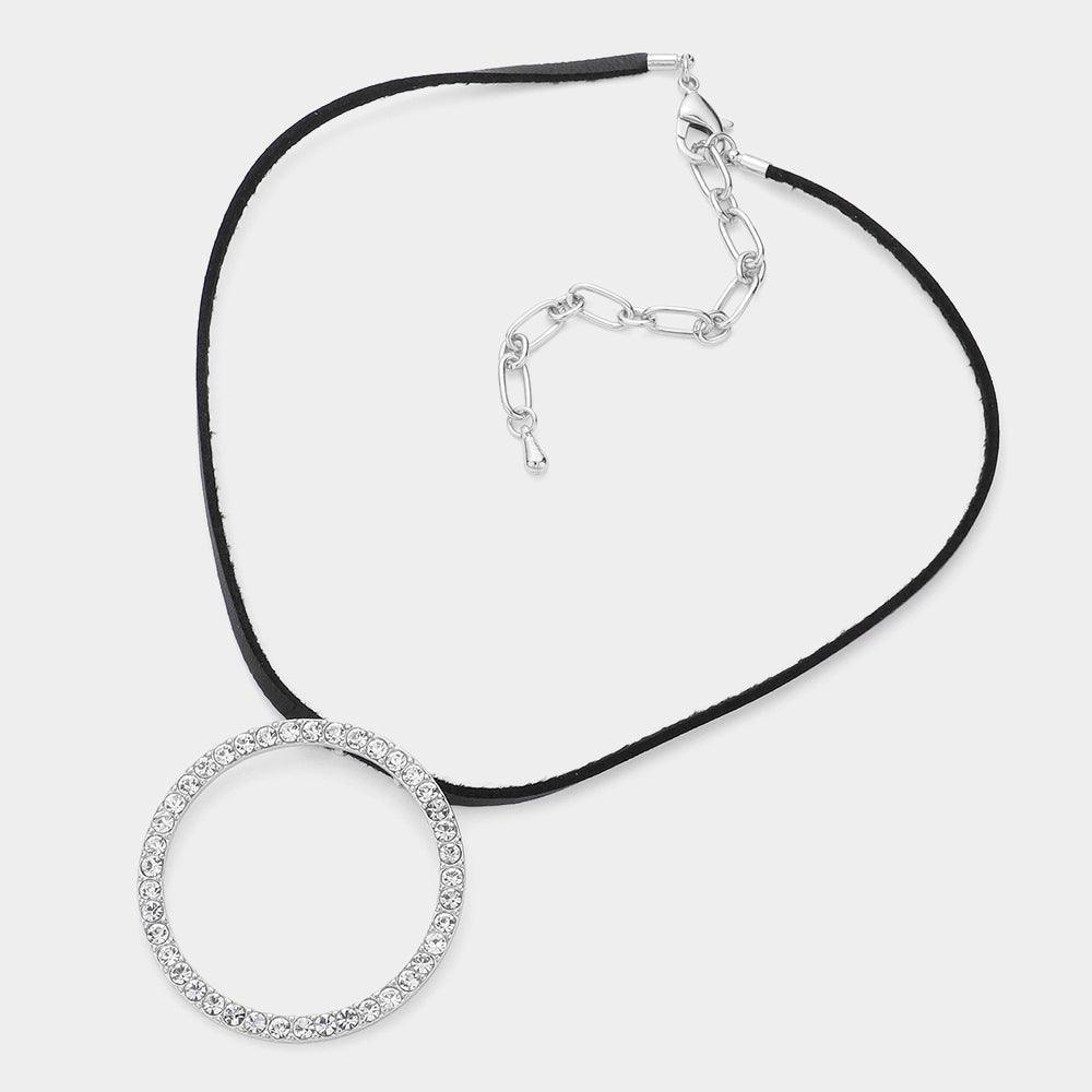 Rhinestone Paved Open Circle Pendant Faux Leather Choker Necklace - Jewelry Store by Erik Rayo