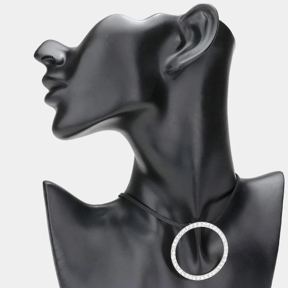 Rhinestone Paved Open Circle Pendant Faux Leather Choker Necklace - Jewelry Store by Erik Rayo