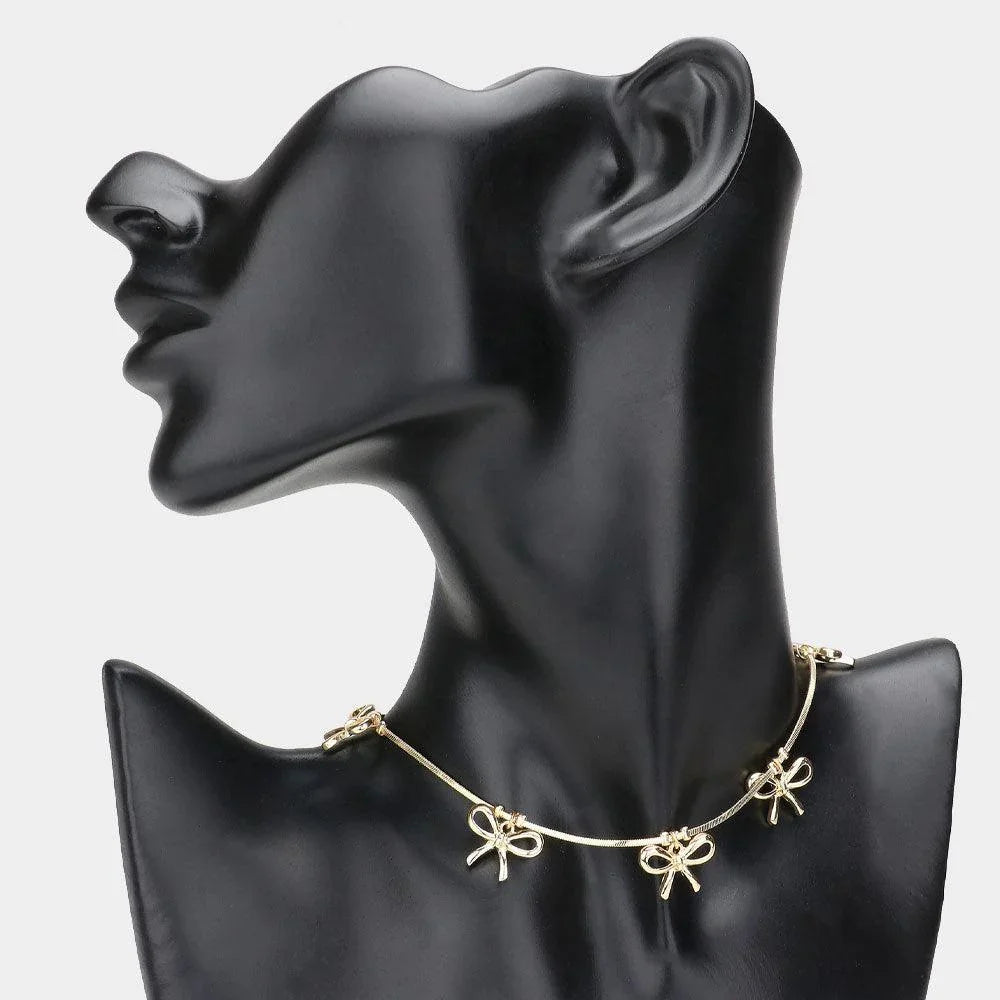 Gold Metal Wire Bow Station Choker Necklace - Jewelry Store by Erik Rayo