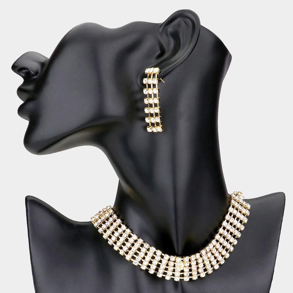 Gold Crystal rhinestone choker evening necklace