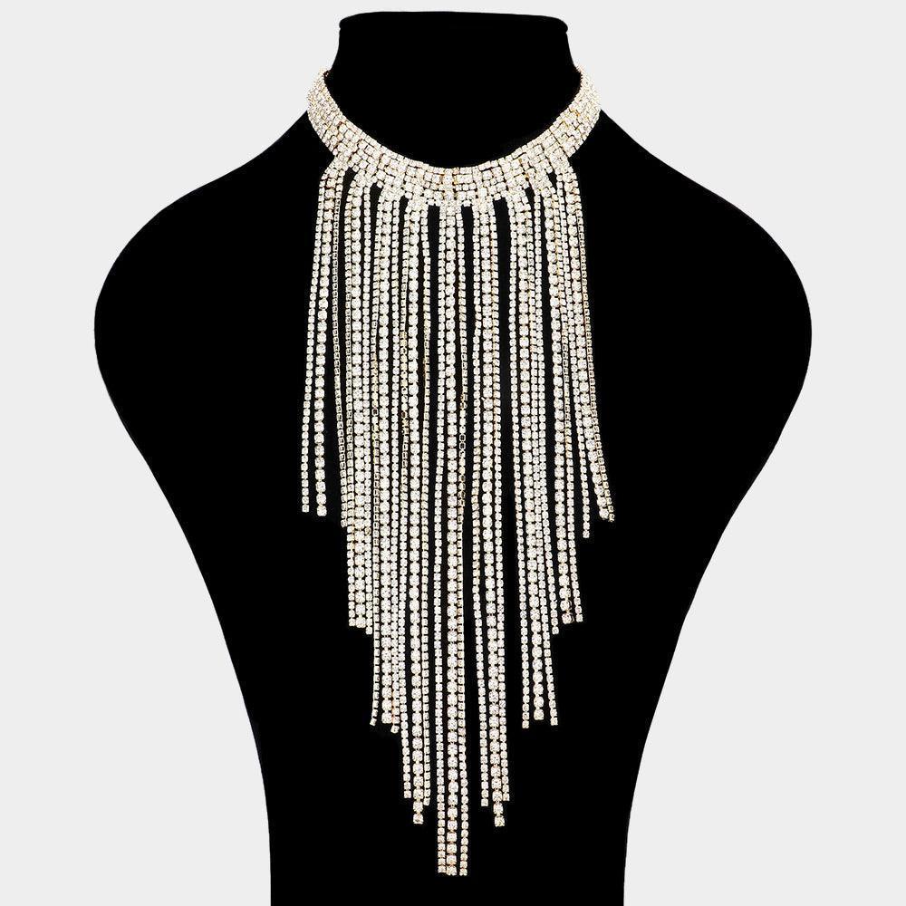Gold Long Dropped Rhinestone Fringe Choker Necklace - Jewelry Store by Erik Rayo