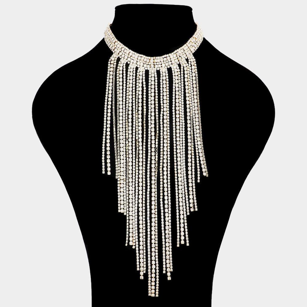 Gold Long Dropped Rhinestone Fringe Choker Necklace